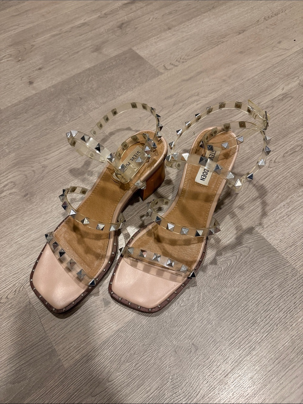 Steve Madden Nude and Clear Studded Block Heel Sandals